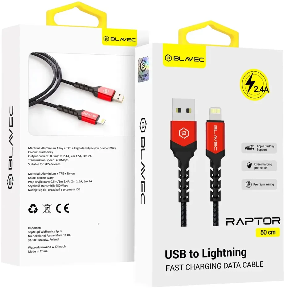 Blavec Kabelis Raptor braided - USB į Lightning - 2,4A 0,5 m Apple CarPlay (CRA-UL24BR05) juodos spalvos-red