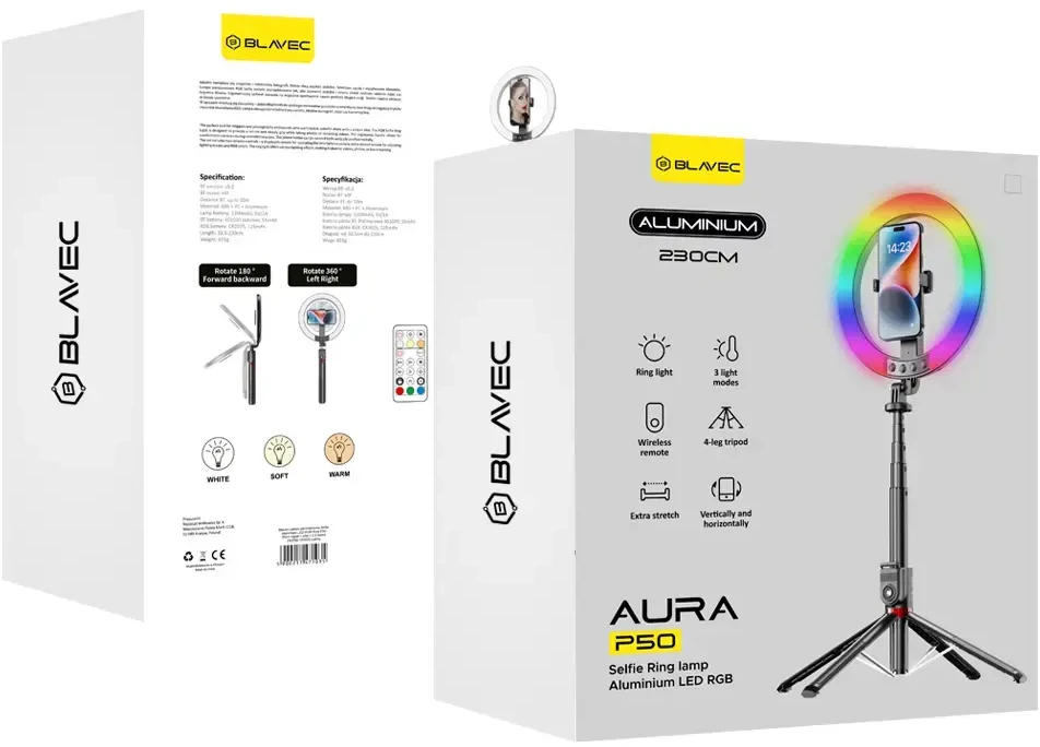 Blavec žiedinis šviestuvas Selfie Aliuminio Aura LED RGB Ring P50 25cm tripod + nuotolinis valdymas + 2,3 metra (RLP50-TRB23) juodos spalvos