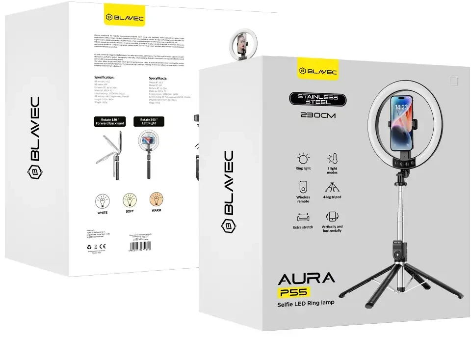 Blavec Selfie Ring lamp Aura LED Ring P-55 25cm tripod + remote control + 2,3 metres (RLP55-TRB23) juodos spalvos