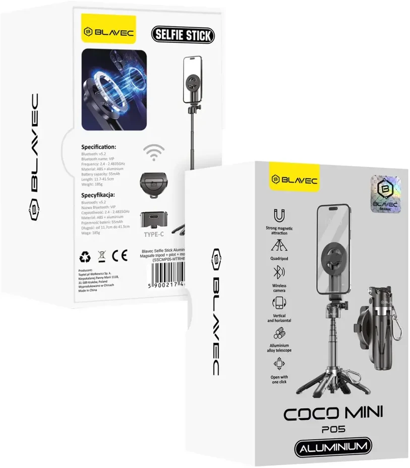Oem Blavec Selfie Stick aliumininis Coco Mini P05 Magsafe trikojis + nuotolinio valdymo pultelis + ištraukiamas 0,41 metro (SSCMP05-MTRHB041) juodos spalvos