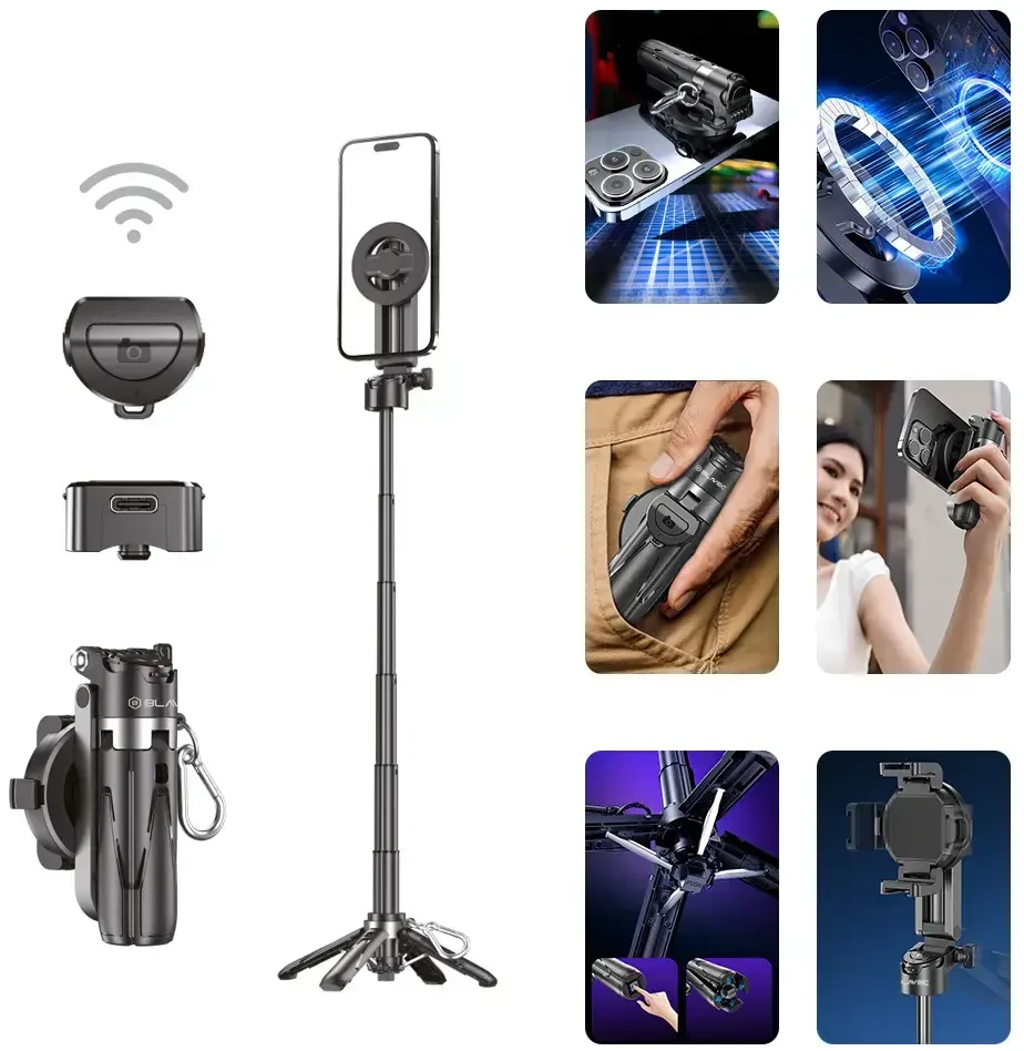 Oem Blavec Selfie Stick aliumininis Coco Mini P05 Magsafe trikojis + nuotolinio valdymo pultelis + ištraukiamas 0,41 metro (SSCMP05-MTRHB041) juodos spalvos