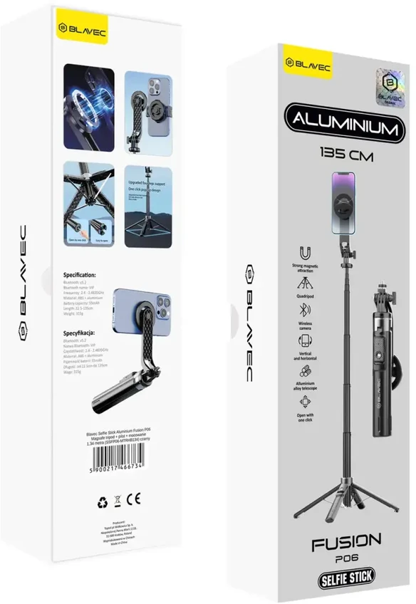 Oem Blavec Selfie Stick Aliuminio Fusion P-06 Magsafe trikojis + nuotolinio valdymo pultas + laikiklis 1,34 metro (SSFP06-MTRHB134) juodos spalvos