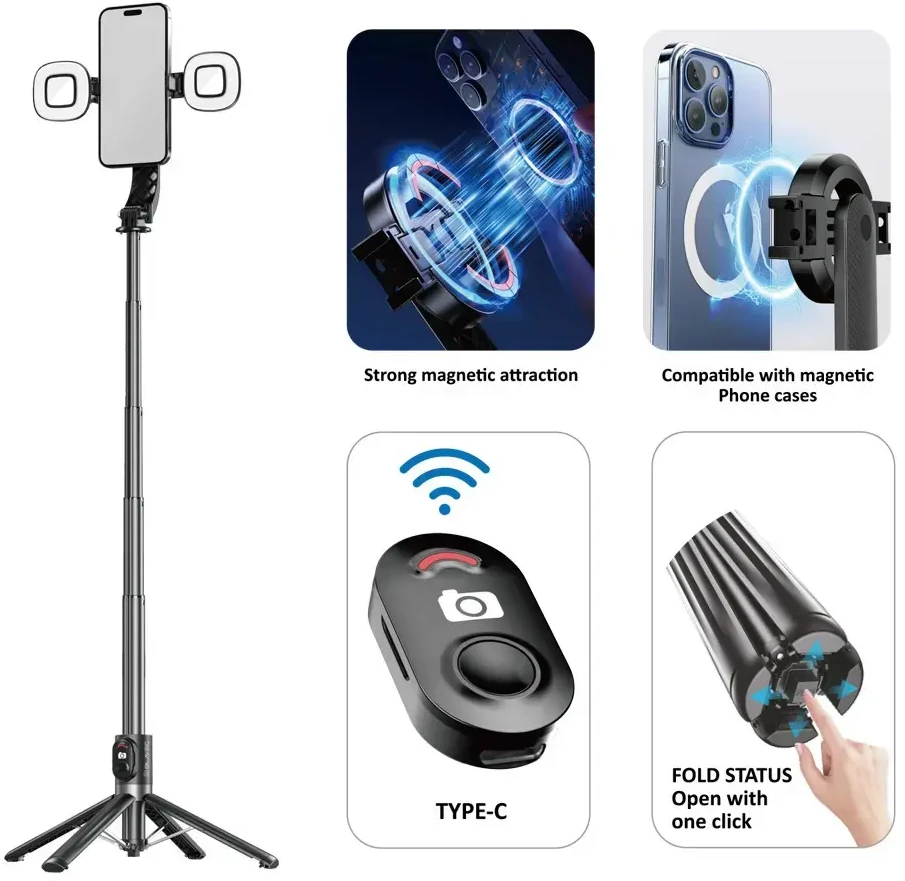 Blavec Asmenukių lazda Aliuminio Fusion P07 Magsafe tripod + nuotoliniu valdymu + 2 lamps 1,4 metres (SSFP07-MTR2LB14) juodos spalvos