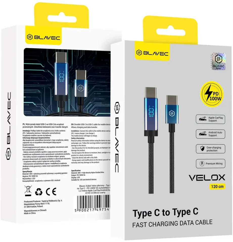 Blavec Kabelis Velox pleciony – Typ C na Typ C – PD 100W 5A LED ekranas 1,2 metra Apple CarPlay/Android Auto (CVE-CC5B12)