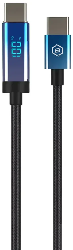 Blavec Kabelis Velox pleciony – Typ C na Typ C – PD 100W 5A LED ekranas 1,2 metra Apple CarPlay/Android Auto (CVE-CC5B12)