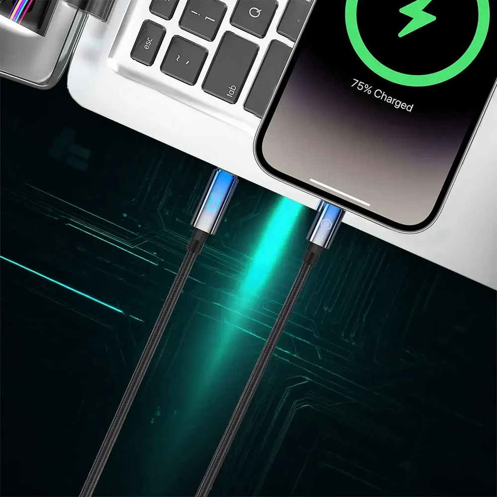 Blavec Kabelis Velox pleciony – Typ C na Typ C – PD 100W 5A LED ekranas 1,2 metra Apple CarPlay/Android Auto (CVE-CC5B12)