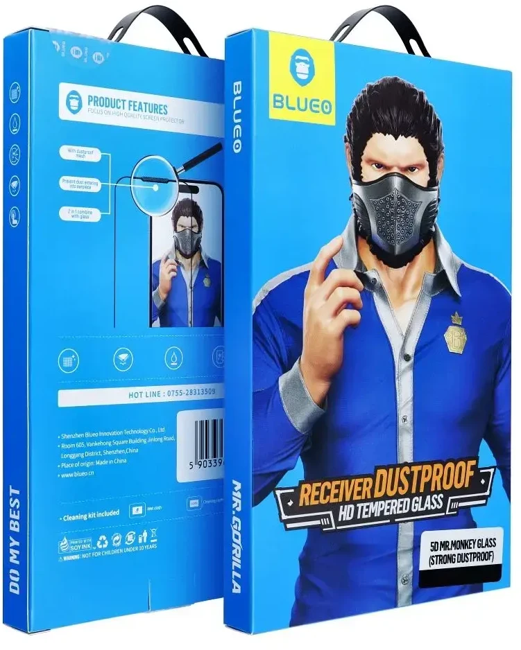 „Blueo 5D Mr. Monkey Glass“ – „Apple iPhone 16 juodas“ (tvirtas, atsparus dulkėms)