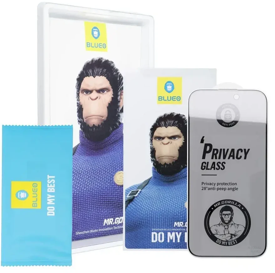 „Blueo 5D Mr. Monkey Glass“ – „Apple iPhone 14 Pro Max“ juodas (stiprus privatumas)
