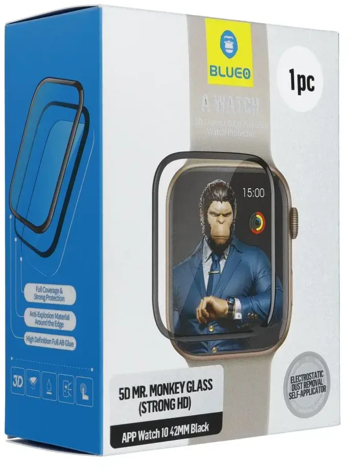 Blueo 5D Mr. Monkey Glass - skirtas Apple Watch 10 42MM juodas (Strong HD)