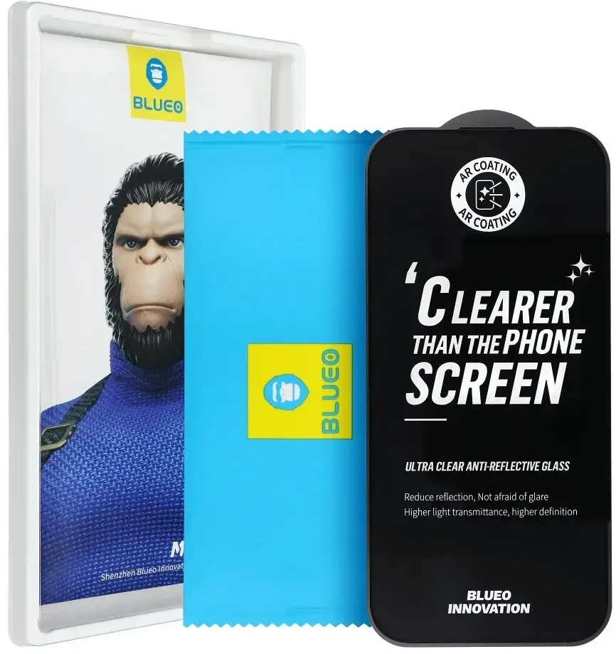 Blueo Apple 5D grūdintas stiklas iPhone 17 telefonui Mr. Monkey Glass (stiprus aukščiausios kokybės itin skaidrus AR) juodas