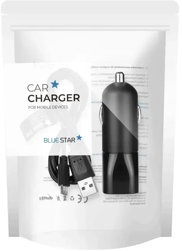 BlueStar Automobilinis įkroviklis Blue Star USB A 2A + laidas USB A į Micro USB juodas