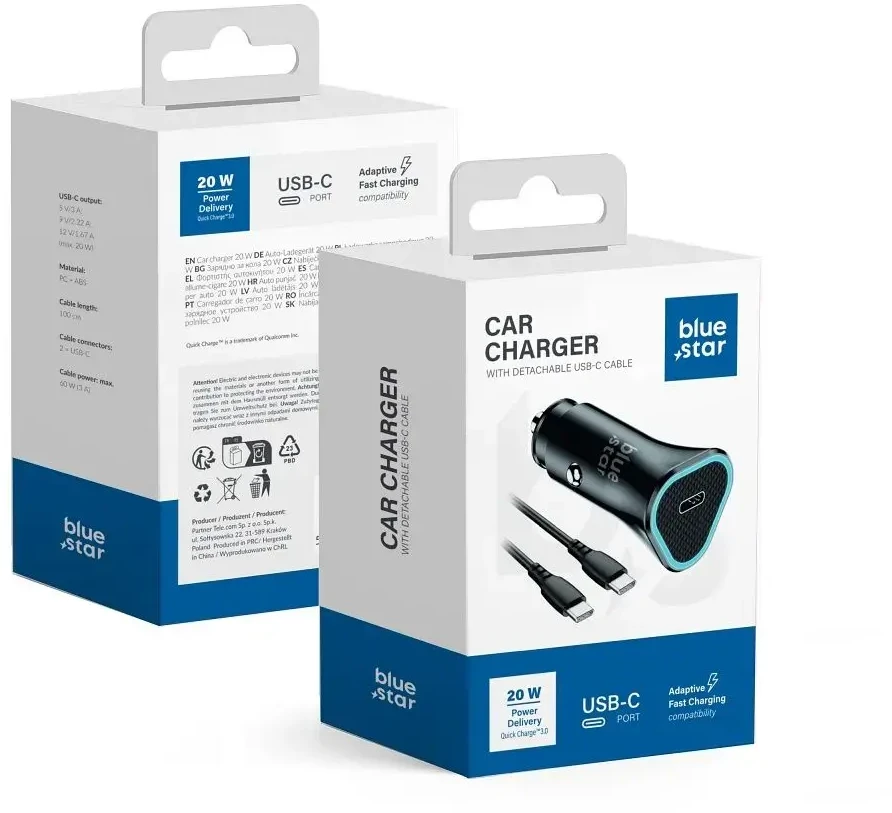 BlueStar Automobilinis įkroviklis Blue Star USB C QC3.0 PD AFC 3A 20W + laidas USB C į USB C juodas