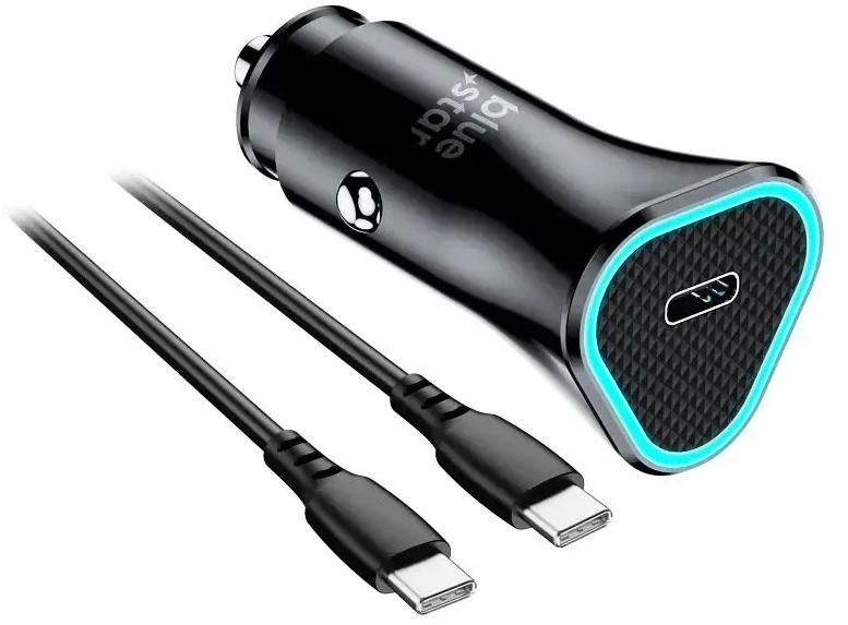BlueStar Automobilinis įkroviklis Blue Star USB C QC3.0 PD AFC 3A 20W + laidas USB C į USB C juodas