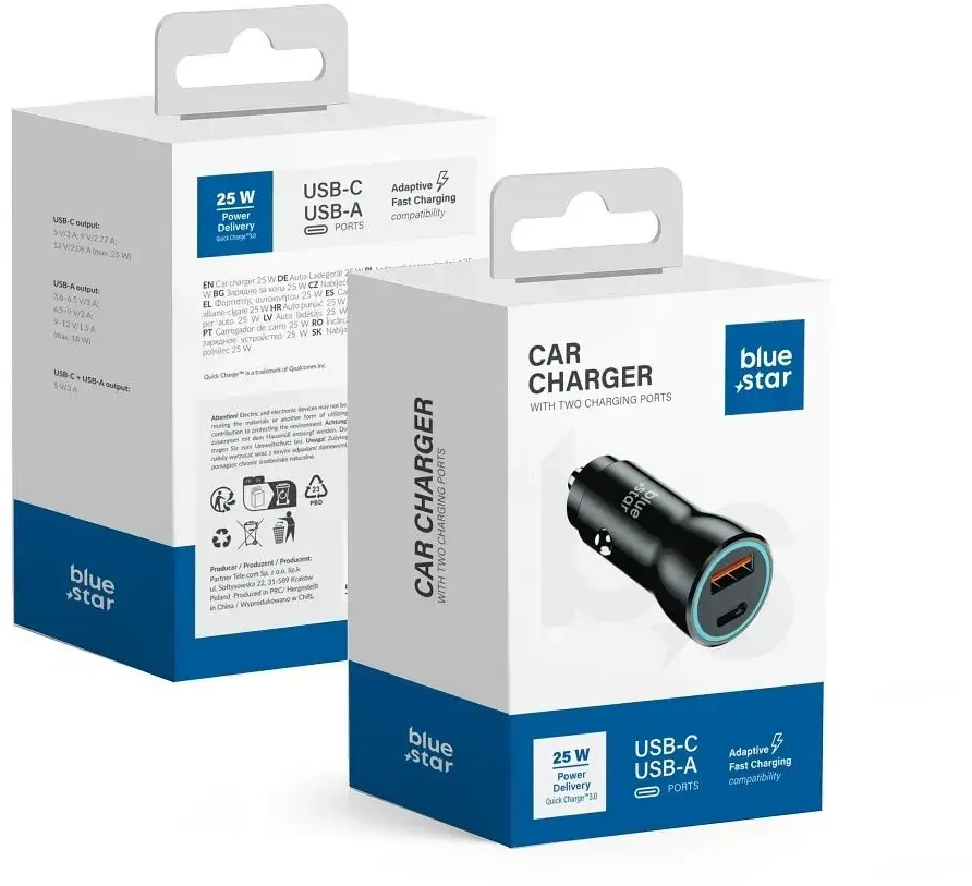 BlueStar Įkroviklis automobilinis Blue Star (1xUSB; 1xUSB-C; QC 3.0; 25W) juodas