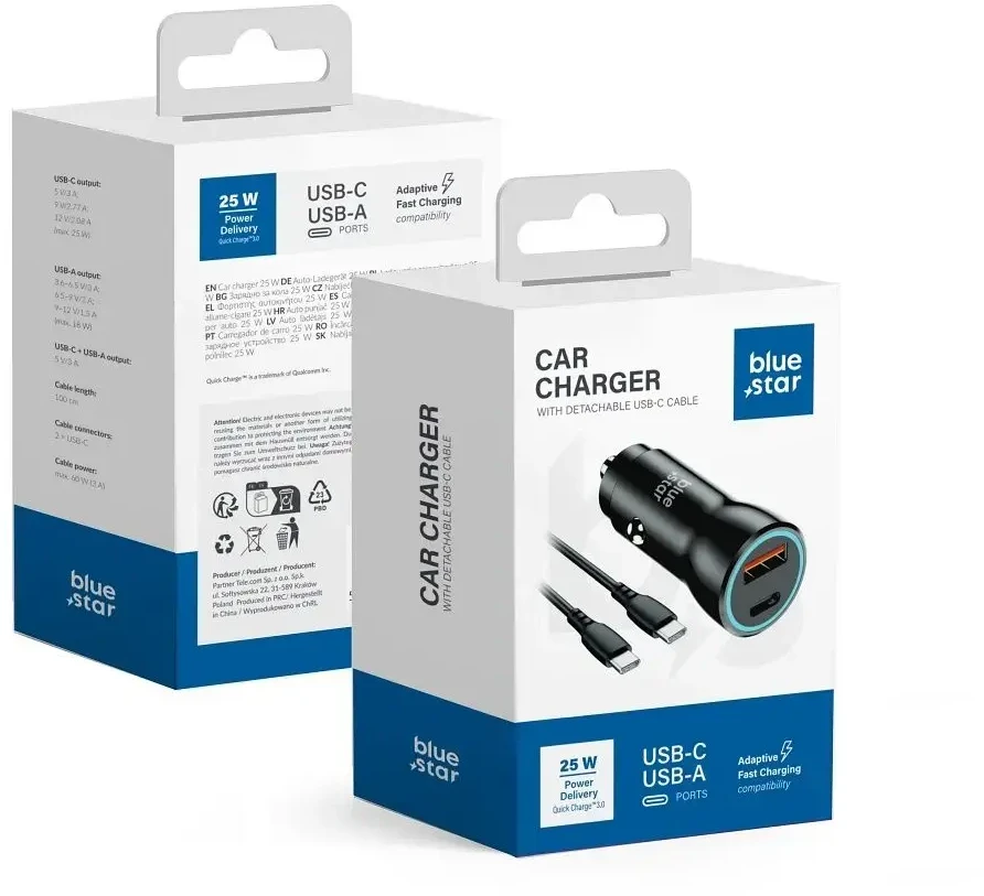 BlueStar Automobilinis įkroviklis Blue Star USB C + USB A QC3.0 PD AFC PPS 3A 25W + laidas USB C į USB C juodas