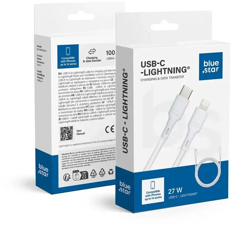 BlueStar USB C į Lightning kabelis, mėlynas, žvaigždės formos, 2,4A, 27W, 1 m, DC-001CL2.4, baltas