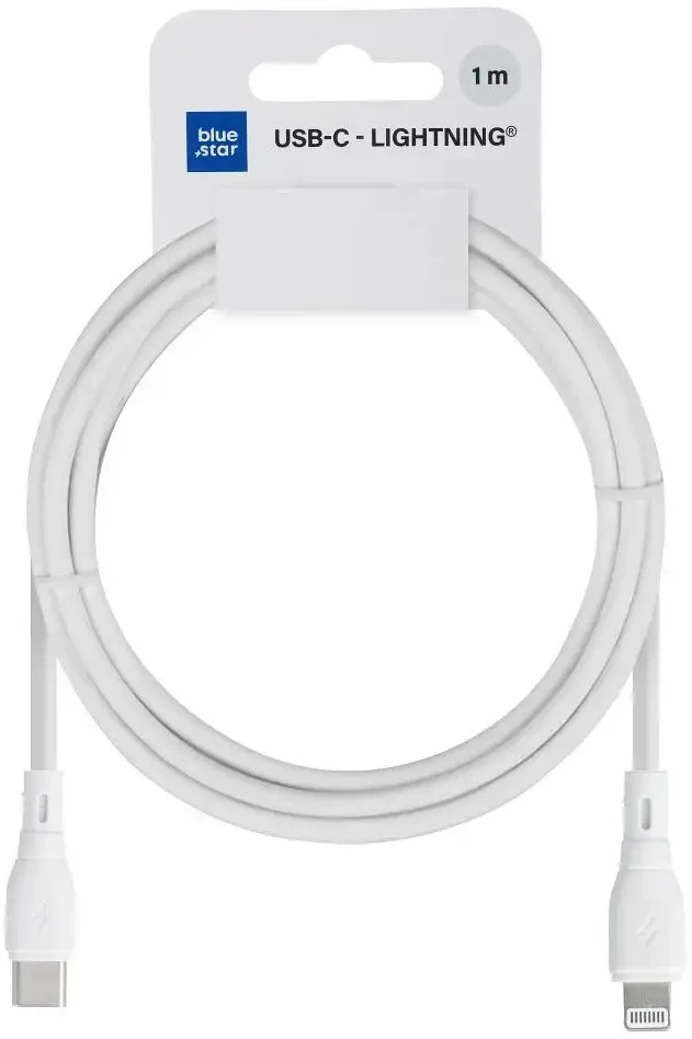BlueStar USB-C laidas su „Lightning“ jungtimi, mėlynas, žvaigždės formos, 2,4A, 27W, ECO, 1 m, PJ72-18-3, baltas