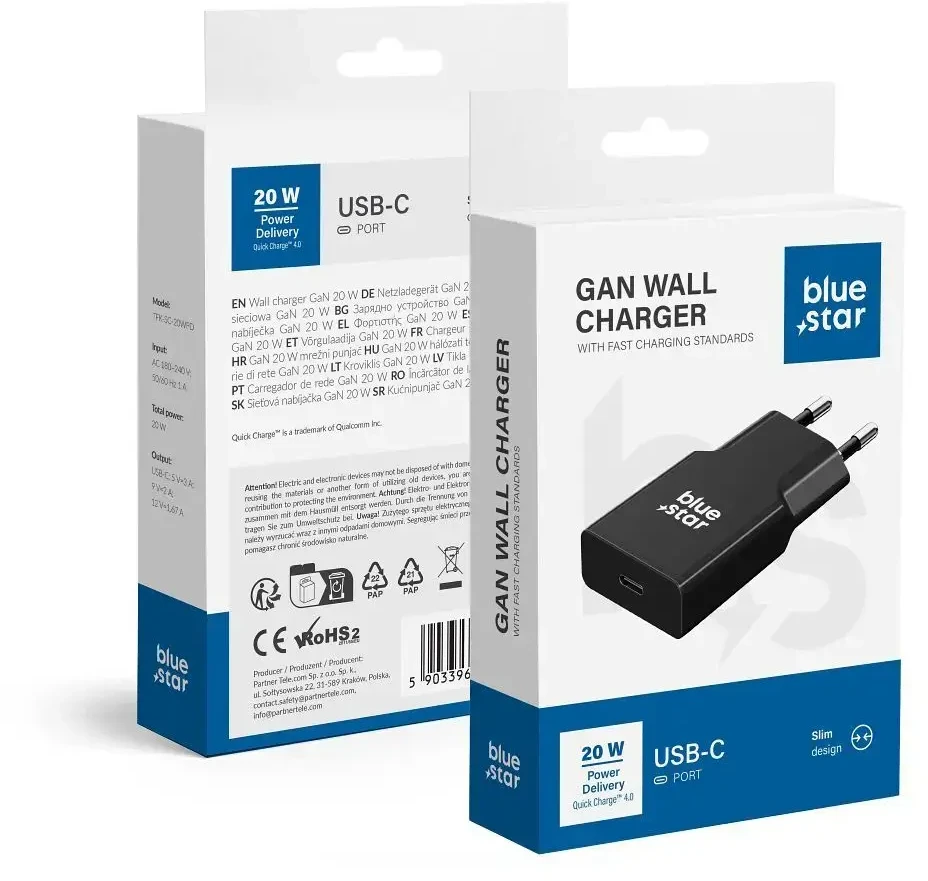 BlueStar Telefono įkroviklis Blue Star Slim GaN USB C QC4.0 PD 3A 20W TFK-SC-20WPD juodas