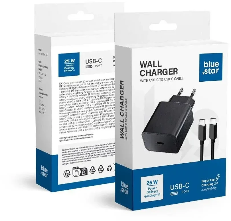 BlueStar Įkroviklis Blue Star (TFB-TC-25W) + "USB-C (Type-C) to "USB-C (Type-C)" (1xUSB-C 25W) juodas