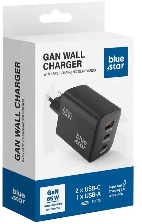 BlueStar Telefono įkroviklis Blue Star GaN 2 x USB C + USB A QC4.0 PD 4A 65W VT-43 juodas