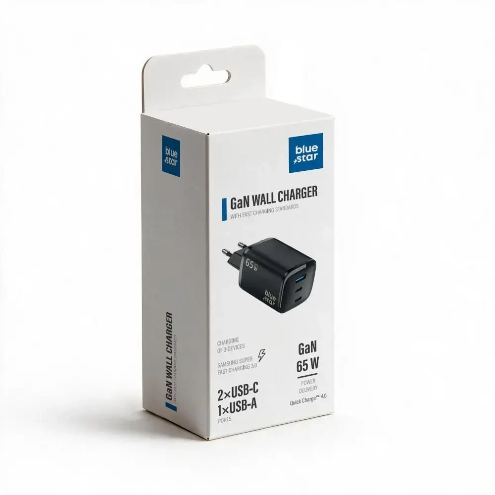 BlueStar Phone charger Blue Star Nano GaN 2x USB C + USB A QC4.0 PD 3A 65W VT-335 juodas