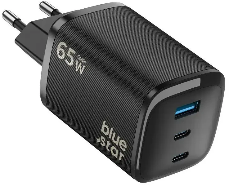 BlueStar Phone charger Blue Star Nano GaN 2x USB C + USB A QC4.0 PD 3A 65W VT-335 juodas