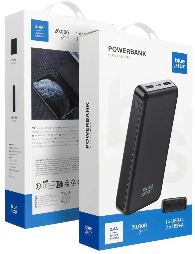 BlueStar Powerbank Blue Star W2015 2.1A 20000 mAh juodas