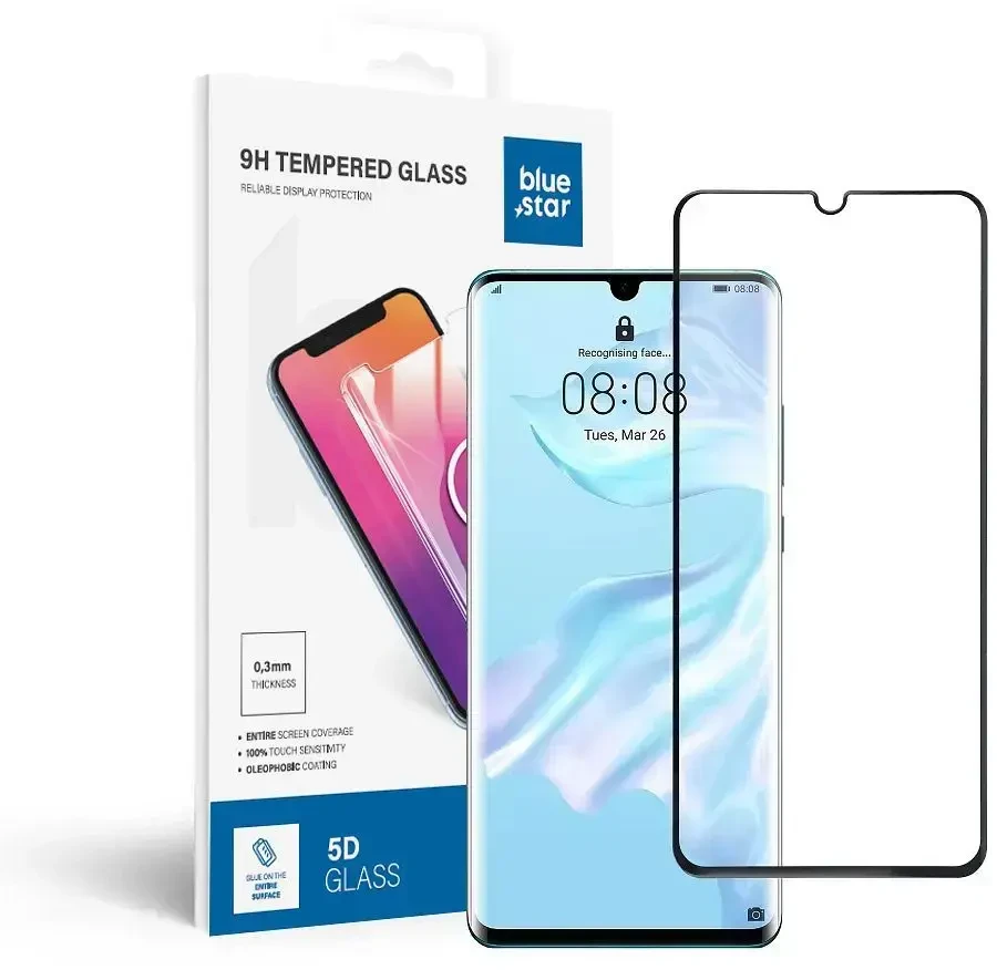 BlueStar Grūdintas stiklas Huawei P30 PRO telefonui (pilnai klijuojamas / suderinamas su dėklu) Blue Star 5D juodas