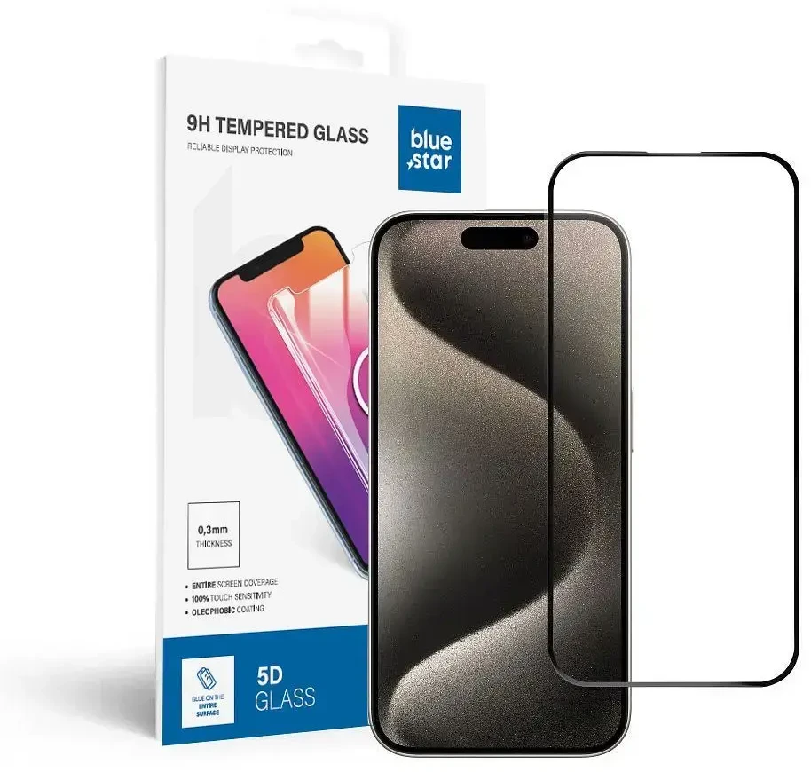 BlueStar Grūdintas stiklas iPhone 15 PRO (pilnai klijuojamas) Blue Star 5D juodas