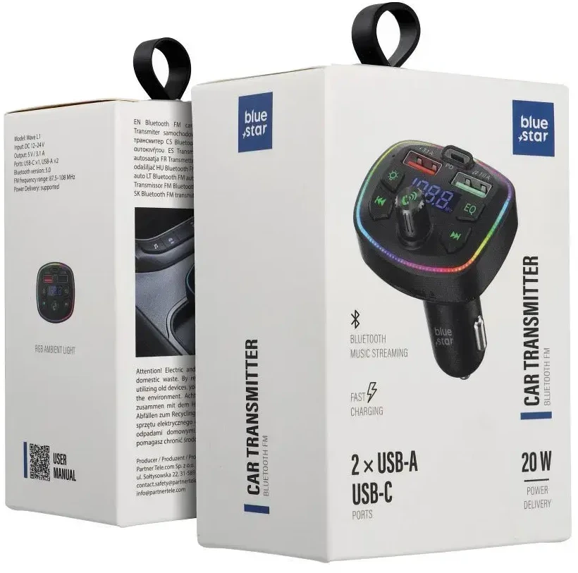 BlueStar Automobilio siųstuvas Blue Star Wave L1 RGB aplinkos apšvietimas tipas C x1 USB x2 20W juodas