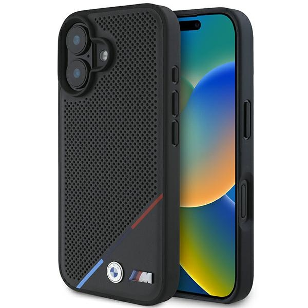 BMW M Perforated Tricolor Line MagSafe Apple iPhone 16 Case - dėklas telefonui juodos spalvos