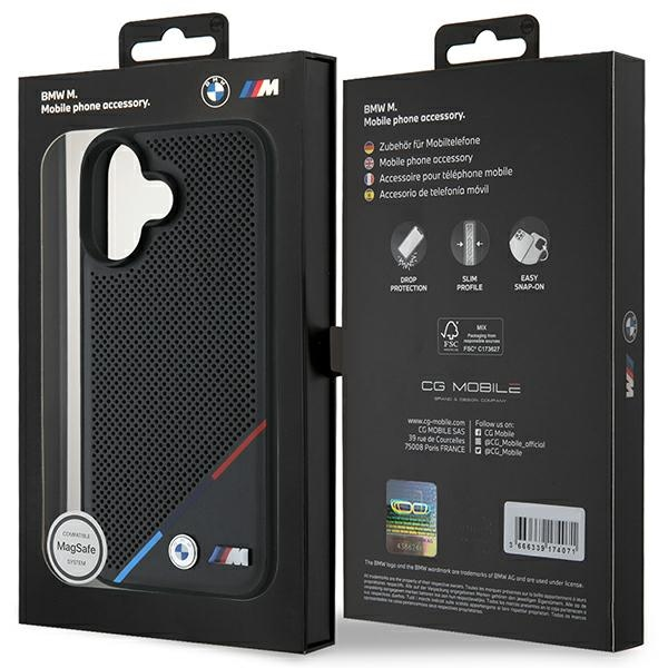BMW M Perforated Tricolor Line MagSafe Apple iPhone 16 Case - dėklas telefonui juodos spalvos