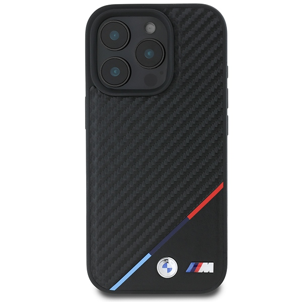 BMW M PU Carbon Tricolor Stripe MagSafe Apple iPhone 16 Pro Max dėklas telefonui juodos spalvos