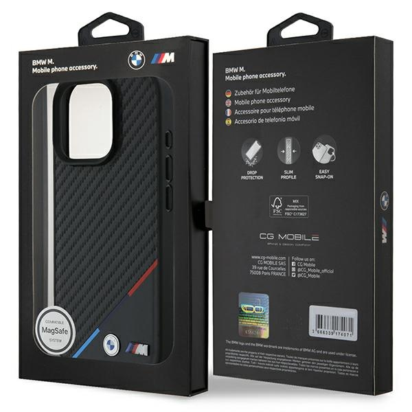BMW M PU Carbon Tricolor Stripe MagSafe Apple iPhone 16 Pro Max dėklas telefonui juodos spalvos