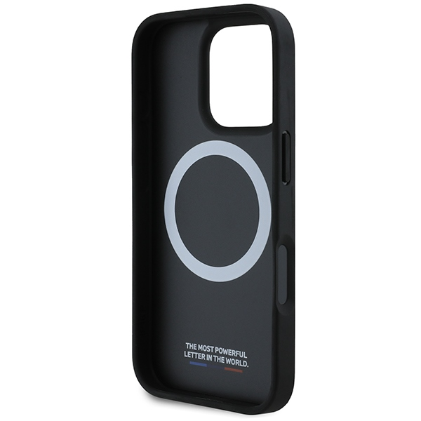 BMW M PU Carbon Tricolor Stripe MagSafe Apple iPhone 16 Pro Max dėklas telefonui juodos spalvos