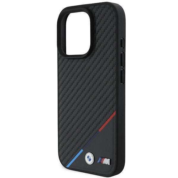 BMW M PU Carbon Tricolor Stripe MagSafe Apple iPhone 16 Pro Max dėklas telefonui juodos spalvos