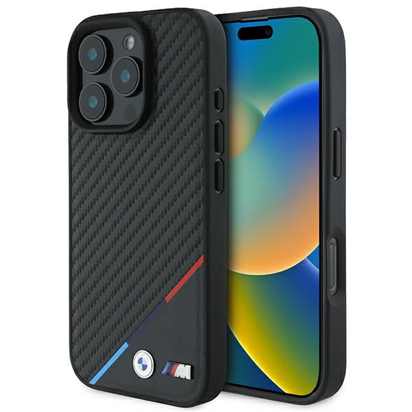 BMW M PU Carbon Tricolor Stripe MagSafe Apple iPhone 16 Pro Max dėklas telefonui juodos spalvos