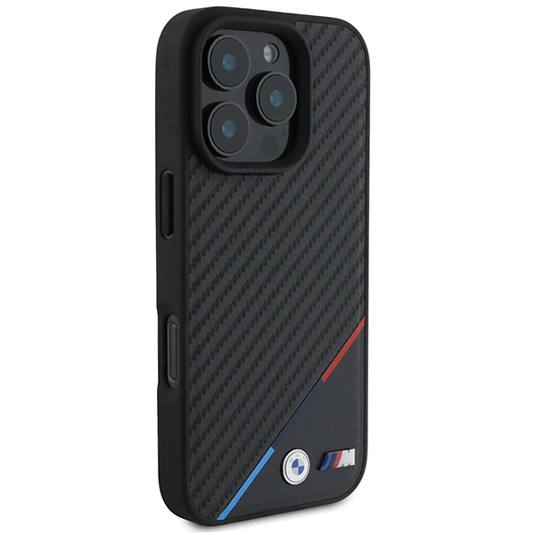 BMW M PU Carbon Tricolor Stripe MagSafe Apple iPhone 16 Pro Max dėklas telefonui juodos spalvos