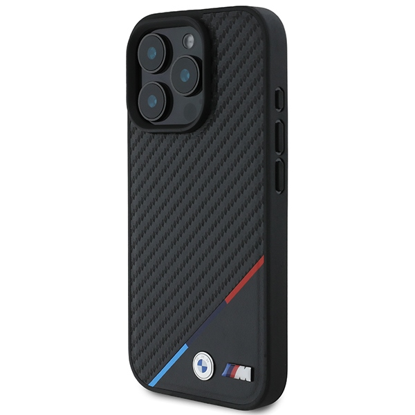 BMW M PU Carbon Tricolor Stripe MagSafe Apple iPhone 16 Pro Max dėklas telefonui juodos spalvos