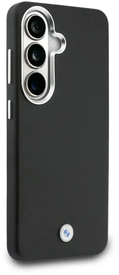 BMW firminis PU odos metalinis telefono dėklas su logotipu, skirtas Samsung Galaxy S26+ (S947) juodas