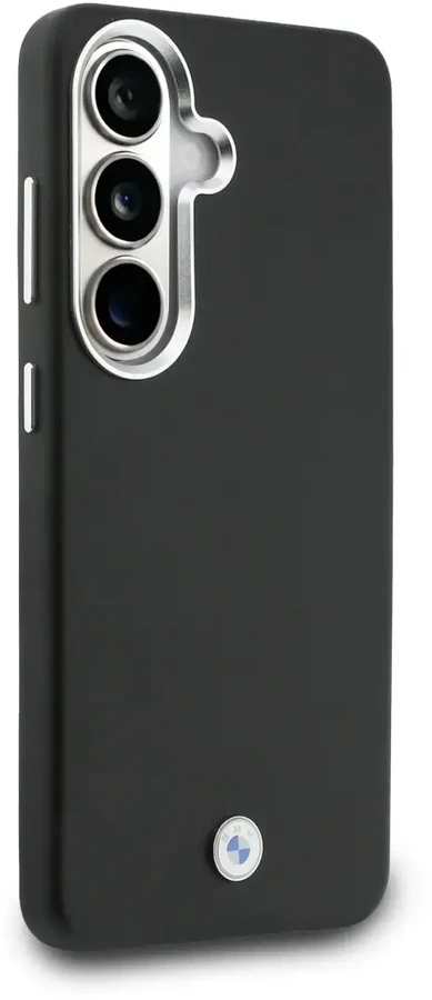 BMW firminis PU odos metalinis logotipo telefono dėklas su „MagSafe“ palaikymu, skirtas „Samsung Galaxy S26“ (S942) juodas