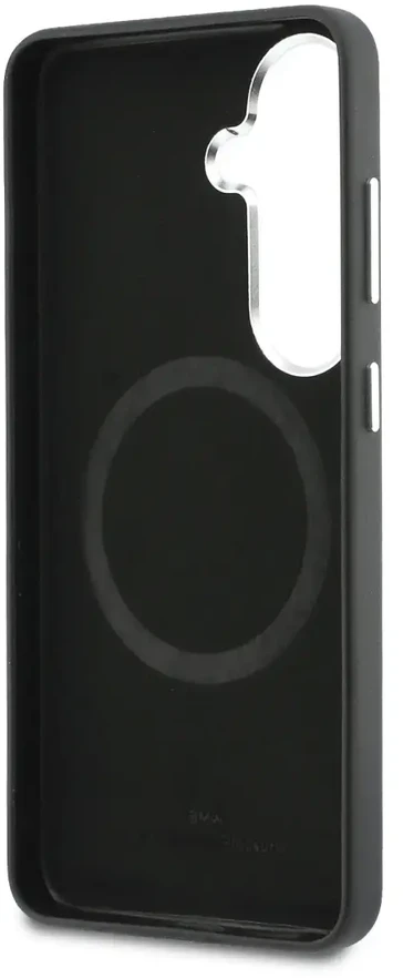 BMW firminis PU odos metalinis logotipo telefono dėklas su „MagSafe“ palaikymu, skirtas „Samsung Galaxy S26“ (S942) juodas