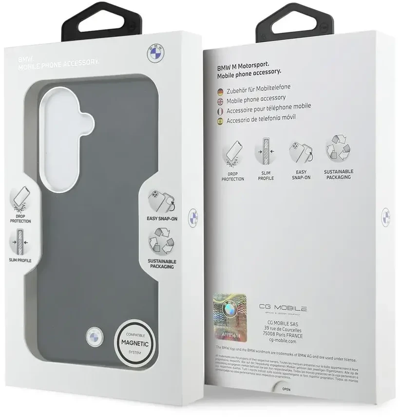 BMW firminis PU odos metalinis telefono dėklas su logotipu, skirtas Samsung Galaxy S26+ (S947) juodas