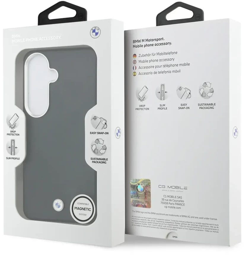 BMW firminis PU odos metalinis logotipo telefono dėklas su „MagSafe“ palaikymu, skirtas „Samsung Galaxy S26“ (S942) juodas