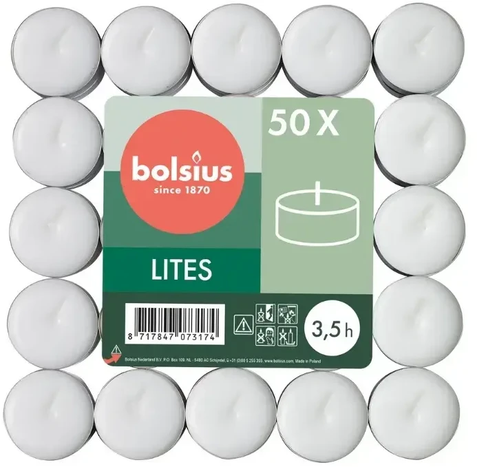 Žvakė, arbatinė Bolsius, 3.5 h, 50 vnt., Balta