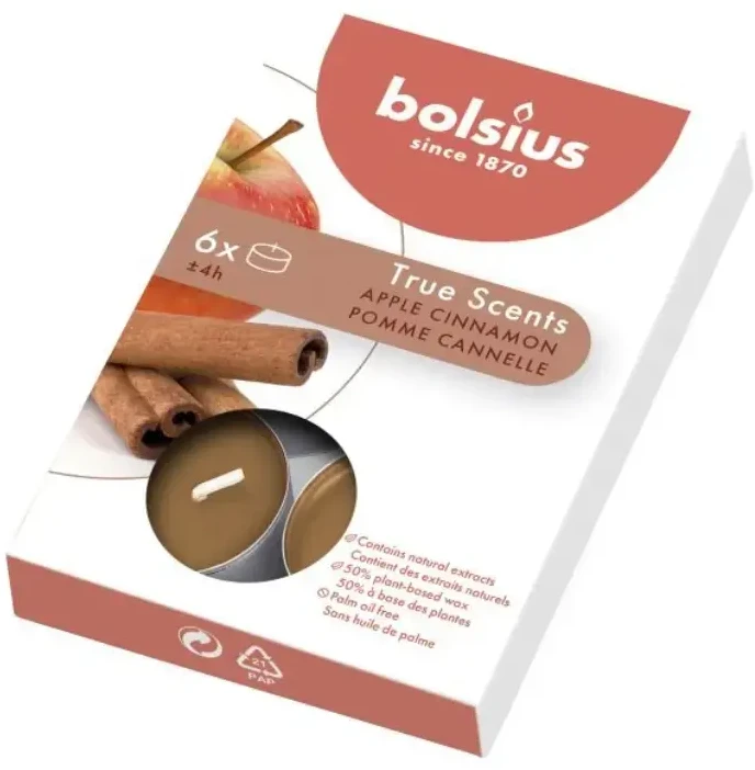 Bolsius „True Scents Tealights“ kvapiosios žvakės su obuolių ir cinamono skoniu, 6 vnt.