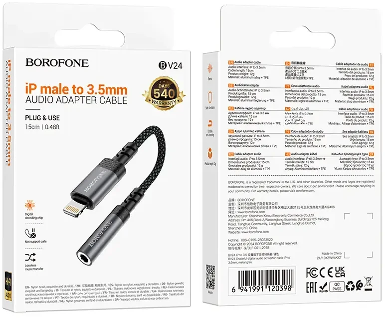 Borofone Adapteris BV24 Graceful - Lightning į jack 3,5mm - pilkos spalvos