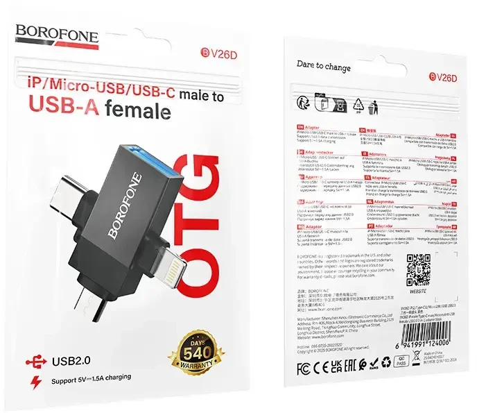 Borofone Adapteris BV26D – USB to Lightning/Type C/Micro USB – juodos spalvos