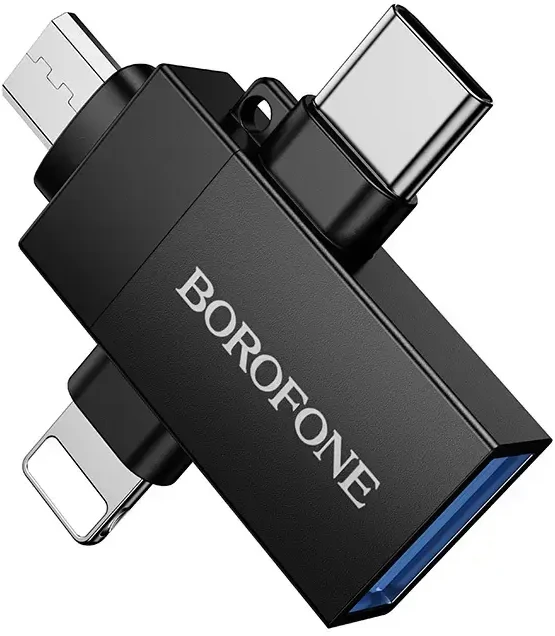 Borofone Adapteris BV26D – USB to Lightning/Type C/Micro USB – juodos spalvos
