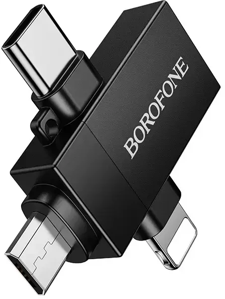 Borofone Adapteris BV26D – USB to Lightning/Type C/Micro USB – juodos spalvos